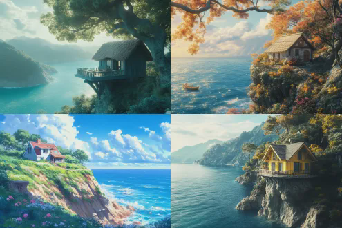 逼真超细节渲染风格，湛蓝色调海景，悬崖边小屋，广角电影镜头，日本动漫电影风格，逼真油画质感，明亮色调，细致纹理，柔和光线，温暖氛围，宁静愉悦，远景构图，冷色调，大气磅礴，震撼视觉效果，自然光照射，高动态范围，柔和阴影，水面反光，云层层次感，情感深邃。