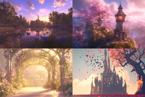 冬日晨光，童话城堡，湖边玫瑰花园，粉红云彩，阳光穿透薄雾，托马斯·金凯德风格，虚幻引擎渲染，超写实4k画质，超广角镜头，梦幻浪漫，温暖色调，柔和光影，细腻笔触，幻想场景，精致细节，高动态范围，艺术站精选，童话氛围，晨露闪烁，玫瑰绽放，金色阳光，浪漫唯美