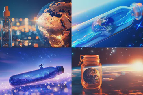 地球与月亮在瓶中，微缩景观，透视布局，宇宙主题，冷蓝色调，特写镜头，背景虚化，神秘光线，微小动态，科幻感，高细节纹理，玻璃折射，暗淡星光，柔和的阴影，深邃空间感，镜头光晕，漂浮微粒，超现实构图，未来科技感，宁静而神秘。