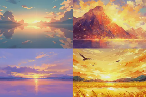 夏日夕阳手机壁纸，水彩风格，明亮温暖色调，渐变天空，金色阳光洒落，柔和云层，远山剪影，宁静湖面倒映，细节丰富，柔和笔触，高饱和度，广角视野，自然光效，宁静氛围，梦幻感觉，层次分明，流动感，温暖情感