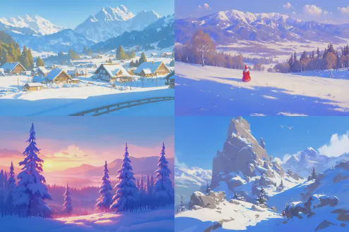 冬至主题插画，动漫美学封面，细腻光线描绘，精致幻想世界，数字绘画，莫兰迪色调，互补色系，超高清大图风景，雪景，柔和光影，宁静氛围，温暖情感，冬季服饰，毛绒细节，魔法元素，动态构图，远山背景，晨光反射，童话风格