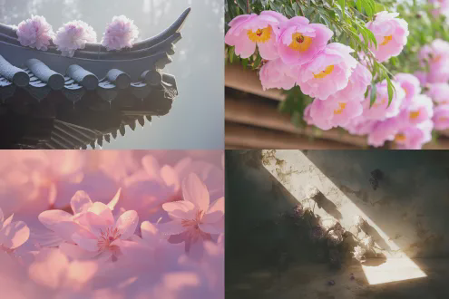 桃花从墙头探出，花瓣露珠晶莹，江南传统建筑背景，柔光微距，细腻纹理，静态构图，自然色调，温馨氛围，低角度拍摄，浅景深，晨光散射，露珠特写，传统瓦檐，粉白花瓣，柔和阴影，静谧感。