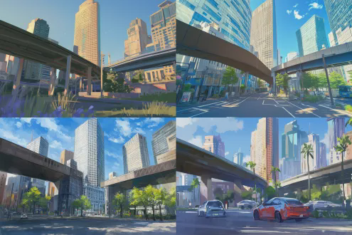 蓝天，几座建筑，城市道路点缀鲜花、绿植与草地，明亮春日，色彩丰富，光线充足，垂直构图，清新自然背景，梦幻插画风格，高饱和度，广角镜头，柔和模糊效果，逆光，暖色调，微风轻拂，活力四溢，愉悦氛围。