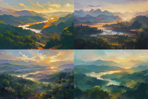 油画风格田园风景，细腻笔触，色彩丰富，日落余晖山水相映，静谧情怀油画效果，自然光线柔和，树木轮廓清晰，温暖情感，全景构图，金色调，印象派风格，厚涂技法，光影层次，远山近水，宁静氛围，笔触可见，暖色调渐变，自然主义，诗意场景。