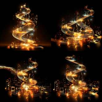 黄金细丝音乐符号与吉他线条交织，立体感强烈，闪闪发光，背景五颜六色，抽象艺术风格，高光细节，金属质感，柔焦效果，虚幻光影，动态构图，暖色调与冷色调碰撞，微距镜头，景深模糊，璀璨夺目，梦幻氛围