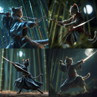 拟人化猫侠客舞剑，古装飘逸，高挑匀称身材，猫头人形四肢，现实主义武侠风，竹林背景，月光斜照，动态模糊，金属质感剑光，细腻毛发，高清8k，深沉色调，眼神锐利，动作流畅，丝绸材质服饰，微风吹拂，电影级光影，逼真质感，剑锋寒光。