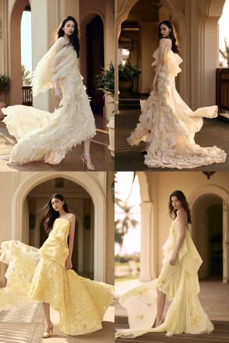 high fashion editorial, full body, 19-20 year old supermodel, 178cm, 9.5 head ratio, tiny head, multiethnic, long wavy hair, custom haute couture gown, pure pale yellow, monochrome, ultra-thin silk asymmetrical layered strapless bodice, fitted high waist, front short back long fishtail, floor-length train, tonal pale yellow iris 3d embroidery, no color mixing, airy weightless silk, floating ethereal drape, translucent like mist, wind lifting train, luxury resort terrace, arched doorways, golden hour, cinematic light, 50mm, full body, vogue editorial, photorealistic, 8k