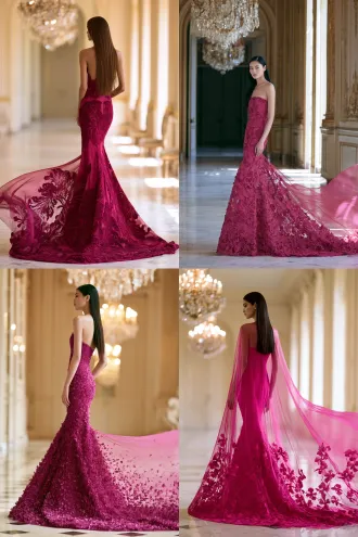 high fashion editorial, full body, 19-21 year old supermodel, 178cm, 9.5 head ratio, tiny head, multiethnic, long straight hair, custom haute couture gown, pure magenta, monochrome, clean strapless bodice, fitted high waist, hip-hugging mermaid silhouette, floor-length fishtail hem, tonal magenta iris 3d embroidery, no color mixing, ultra-thin silk, airy weightless, floating ethereal drape, translucent like smoke, gentle breeze lifting hem, french ballroom, chandelier, marble floor, cinematic light, 85mm, low angle, vogue editorial, photorealistic, 8k