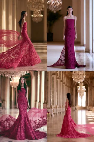 high fashion editorial, full body, 19-21 year old supermodel, 178cm, 9.5 head ratio, tiny head, multiethnic, long straight hair, custom haute couture gown, pure magenta, monochrome, clean strapless bodice, fitted high waist, hip-hugging mermaid silhouette, floor-length fishtail hem, tonal magenta iris 3d embroidery, no color mixing, ultra-thin silk, airy weightless, floating ethereal drape, translucent like smoke, gentle breeze lifting hem, french ballroom, chandelier, marble floor, cinematic light, 85mm, low angle, vogue editorial, photorealistic, 8k