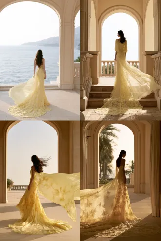 high fashion editorial, full body, 19-20 year old supermodel, 178cm, 9.5 head ratio, tiny head, multiethnic, long wavy hair, custom haute couture gown, pure pale yellow, monochrome, clean strapless bodice, fitted high waist, front short back long fishtail, floor-length train, tonal pale yellow iris 3d embroidery, no color mixing, ultra-thin silk, airy weightless, floating ethereal drape, translucent like mist, wind lifting train, luxury resort terrace, arched doorways, golden hour, cinematic light, 50mm, full body, vogue editorial, photorealistic, 8k