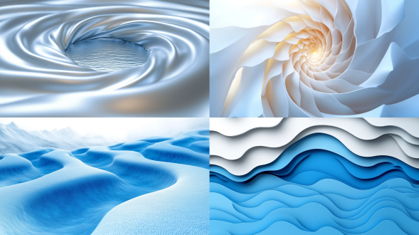 abstract 3d rendering with a white background, emitting blue light, pearl subject, shell-like path with slight wavy arcs, centered composition design, pearl white, flat vector style, tranquil atmosphere, computer rendered, hd, 16:9, muqi style, album cover.