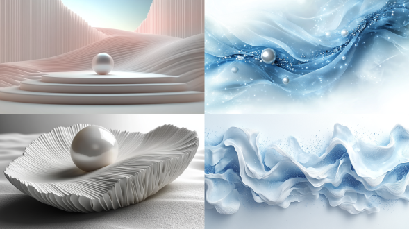 抽象3d珍珠悬浮于母贝质感波状路径，纯白背景中渗透蓝色冷光，扁平矢量风格，中心构图，珍珠白色系与钴蓝渐变，muqi式极简美学，静谧科技氛围，16:9专辑封面设计，c4d渲染