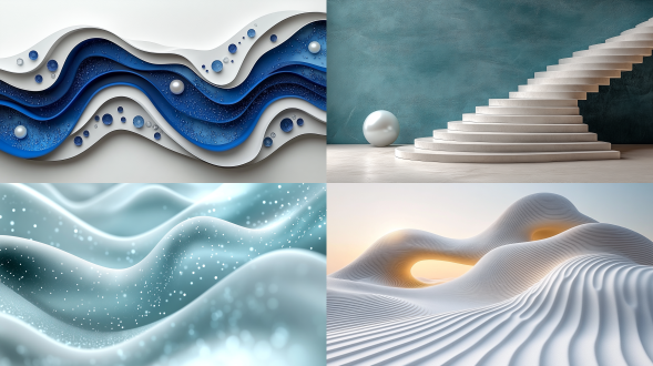 抽象3d珍珠悬浮于母贝质感波状路径，纯白背景中渗透蓝色冷光，扁平矢量风格，中心构图，珍珠白色系与钴蓝渐变，muqi式极简美学，静谧科技氛围，16:9专辑封面设计，c4d渲染