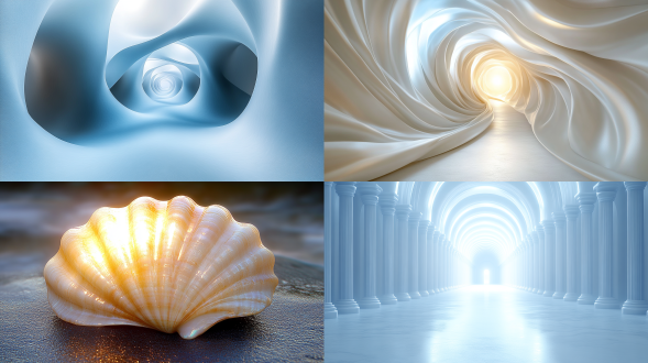 abstract 3d rendering with a white background, emitting blue light, pearl subject, shell-like path with slight wavy arcs, centered composition design, pearl white, flat vector style, tranquil atmosphere, computer rendered, hd, 16:9, muqi style, album cover.