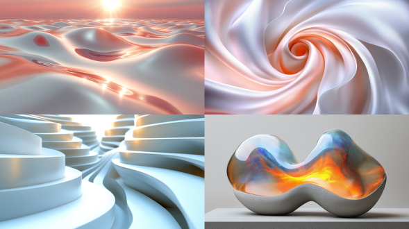 白色背景抽象3d渲染，明亮荧光色散发，透明珍珠主体，贝壳线路径勾略波纹弧形，居中构图设计，珍珠白，扁平矢量风格，宁静氛围，电脑渲染，hd，16:9，muqi风格，专辑封面