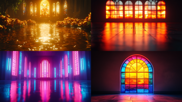 帮我写一个用于mj图片的ai提示词，画面中心构图，教堂彩窗，中低纯度霓虹渐变，以棕色调为主，漫射光，cs4d渲染，cg效果，视觉大片