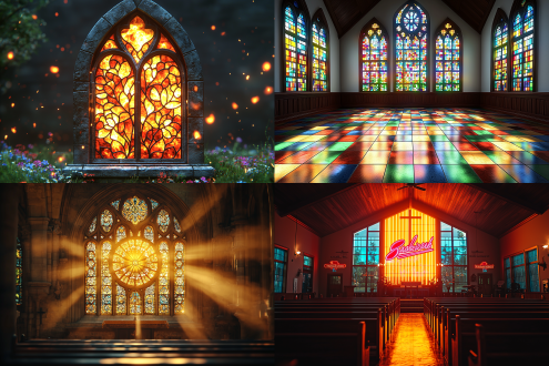midjourney prompt（直接复制即可） `central composition, majestic stained-glass church window, low-to-mid-saturation neon gradients dominated by rich sepia and umber tones, volumetric diffused light rays pouring through the glass, ethereal haze, cinematic cg look, cs4d render, ultra-detailed 8k, photoreal textures, depth-of-field bokeh, moody widescreen