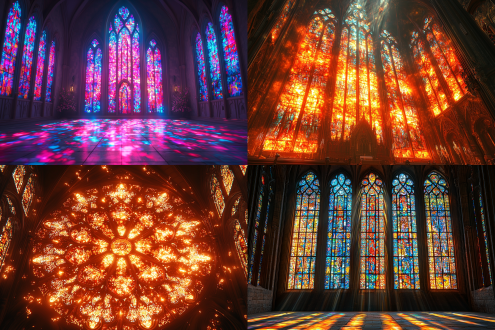 midjourney prompt（直接复制即可） `central composition, majestic stained-glass church window, low-to-mid-saturation neon gradients dominated by rich sepia and umber tones, volumetric diffused light rays pouring through the glass, ethereal haze, cinematic cg look, cs4d render, ultra-detailed 8k, photoreal textures, depth-of-field bokeh, moody widescreen