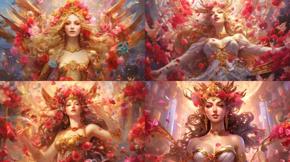 a magnificent goddess of wisdom with a crown of ruby roses, bathed in a rainbow halo, celebrating in an opulent baroque palace. the scene is extremely intricate, with golden vines, pearly dewdrops, and amber butterflies. atmosphere of a grand festival, with confetti and sparkling lights. art style of a classical oil painting blended with magical realism, rich colors, hyper-detailed, dramatic lighting, by mucha and klimt.