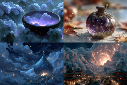 **scene:** a majestic chinese fantasy scene, epic composition. **main subject:** a mystical gourd with a radiant purple metallic and liquid light texture (流光效果), positioned slightly low-center. **action:** swirling clouds of fortune (祥云) are being powerfully absorbed into the gourd's opening, creating a vortex. **atmosphere & details:** the air is filled with glowing golden particles and divine light rays. hyper-detailed, style of chinese mythic cg art, unreal engine render, luminous, ethereal, color scheme of purple, gold, and white.