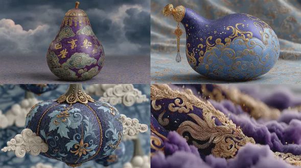 神秘葫芦吸收祥云，低中心构图，中国神话cg艺术风格，紫色流光金属与液体光泽，金色祥云漩涡吸入葫芦口，空气中充满金色光粒与神圣光晕，超精细细节，虚幻引擎渲染，发光空灵，紫金白配色，广角镜头，戏剧性侧光，景深效果，动态模糊，史诗感，神秘氛围，紫色主导，金色点缀，白色高光。