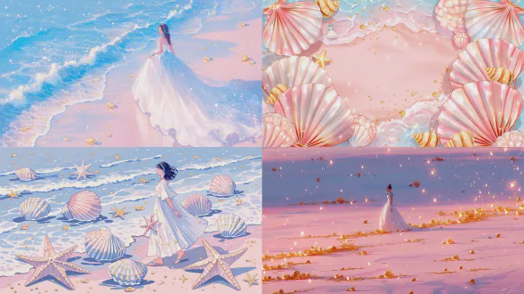 in the image, a young woman is strolling on a pink beach. she is wearing a white dress and adorned with blue jewelry. golden sand particles are floating in the frame. the beach has a light - blue color, and golden conch shells are scattered all around. the style of this image might be a dreamy or fantastical one. the画风 leans towards a soft - colored, imaginative aesthetic. the main content focuses on the woman's leisurely walk on the unique beach with its unusual colors and floating elements. the主体 is clearly the young woman, while the surrounding beach with its special features like the pink sand, light - blue tone, floating golden sand, and scattered golden conch shells serves as a highly - detailed and dream - like backdrop.