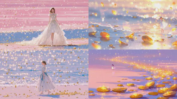 梦幻般的粉红海滩上一位年轻女子漫步，身穿白色连衣裙佩戴蓝色珠宝，表情宁静愉悦，金色沙粒悬浮空中，淡蓝色沙滩散落金色海螺，柔焦镜头拍摄，柔和散射光，浅景深，粉彩与金色调，飘逸动态，超现实奇幻风格，空灵梦幻氛围，