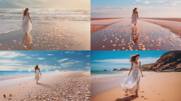 年轻女子漫步粉红沙滩，身着白色连衣裙，佩戴蓝色珠宝，表情宁静愉悦，海滩呈淡蓝色，金色沙粒漂浮空中，散落金色海螺，梦幻奇幻风格，柔焦镜头，柔和自然光，广角视野，柔美色彩，悠闲行走，飘逸裙摆，细腻沙滩纹理，宁静梦幻氛围，