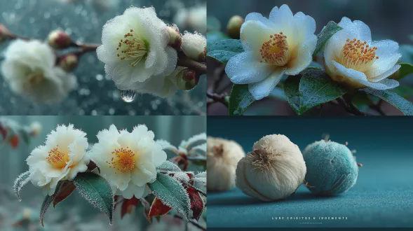 纯白山茶花蕾覆精致冰霜，单颗融露珠滑落，柔焦晨光虚化背景，电影感光影，微距摄影，细腻纹理，宁静氛围，浅景深，柔和高光，冷色基调，纯净构图，晶莹剔透，生动特写，极简主义，自然静物。