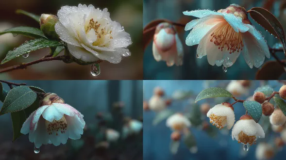 白色山茶花苞特写，细腻冰霜覆盖，一颗融化露珠滑落，柔和晨光散景背景，电影感布光，微距摄影，精致细节，宁静氛围，高分辨率，浅景深，冷色调，自然纹理，晶莹剔透，静谧情感。