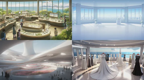 宽敞现代展览大厅，充沛自然光透过巨窗洒入，哑光白色s形曲线石膏基座高低错落，展示极简颈部人体模型佩戴璀璨钻石项链与温润珍珠，底部环绕粉玫瑰、奶油牡丹、白色绣球与翠绿蕨类，柔光漫射，突显珠宝细节与花朵鲜艳，广角镜头，浅景深，高分辨率，电影质感，简洁美学，16比9，空灵浪漫，奢华和谐。