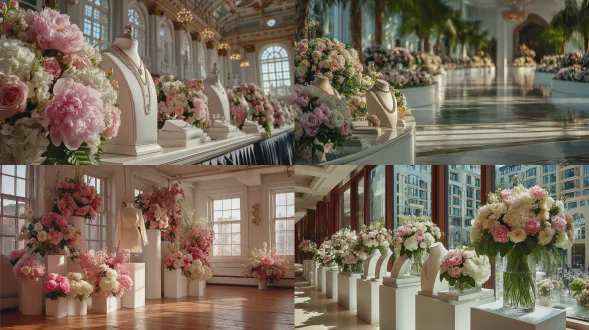 spacious and modern exhibition hall, abundant natural light streaming in through large windows, matte white s-shaped curved plaster bases arranged at varying heights, showcasing minimalist neck human models adorned with dazzling diamond necklaces and soft pearls, surrounded by pink roses, cream peonies, white hydrangeas, and lush ferns, soft light diffusing, highlighting the jewelry details and the vividness of the flowers, wide-angle lens, shallow depth of field, high resolution, cinematic texture, simple aesthetics, 16:9 aspect ratio, ethereal romance, luxurious harmony.