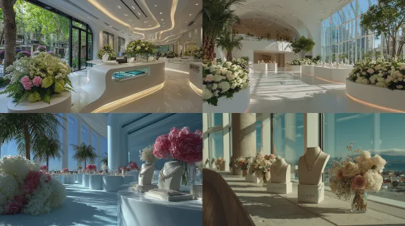 一个宽敞现代的展览大厅，充沛的自然光透过巨大的窗户洒入室内。光滑的哑光白色圆柱形石膏基座呈优雅的s形曲线排列，引导视线贯穿整个空间。每个基座上都展示着高低错落的不低于3个以上的精致的极简主义颈部人体模型，优雅地陈列着精美璀璨的珠宝——如工艺繁复的钻石项链和光泽温润的珍珠项圈。郁郁葱葱的鲜花布置环绕从展台向下蔓延，包括柔粉色的山茶、奶油色的牡丹、白色的绣球花和细腻的满天星，并与翠绿的蕨类植物巧妙交织。整个室内设计强调自然之美与现代奢华的和谐融合，营造出一种空灵而浪漫的氛围。柔和的漫射阳光沐浴着整个场景，投下轻柔的阴影，突显出珠宝的精致细节和花朵的鲜艳色彩。广角镜头，浅景深，高分辨率，电影级质感，简洁美学。