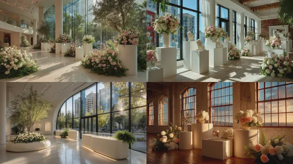 a spacious, modern exhibition hall bathed in abundant natural light pouring in through enormous windows. smooth matte white, cylindrical plaster pedestals are arranged in elegant s-shaped curves, guiding the eye through the space. each pedestal showcases three sizes of refined, minimalist neck models in varying heights, elegantly displaying exquisite, dazzling jewelry—such as intricately crafted diamond necklaces and lustrous pearl chokers. lush floral arrangements surround the display stands and cascade downward, featuring soft pink camellias, creamy peonies, white hydrangeas, and delicate baby’s breath, interwoven with lush green ferns. the interior design emphasizes a harmonious blend of natural beauty and contemporary luxury, creating a ethereal and romantic atmosphere. soft, diffused sunlight bathes the scene, casting gentle shadows that highlight the jewelry’s delicate details and the flowers’ vibrant colors. wide-angle lens, shallow depth of field, high resolution, cinematic quality, minimalist aesthetics.