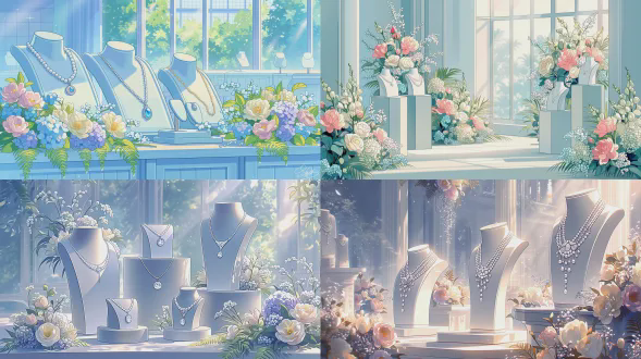 a spacious, modern exhibition hall bathed in abundant natural light pouring in through enormous windows. smooth matte white, cylindrical plaster pedestals are arranged in elegant s-shaped curves, guiding the eye through the space. each pedestal showcases three sizes of refined, minimalist neck models in varying heights, elegantly displaying exquisite, dazzling jewelry—such as intricately crafted diamond necklaces and lustrous pearl chokers. lush floral arrangements surround the display stands and cascade downward, featuring soft pink camellias, creamy peonies, white hydrangeas, and delicate baby’s breath, interwoven with lush green ferns. the interior design emphasizes a harmonious blend of natural beauty and contemporary luxury, creating a ethereal and romantic atmosphere. soft, diffused sunlight bathes the scene, casting gentle shadows that highlight the jewelry’s delicate details and the flowers’ vibrant colors. wide-angle lens, shallow depth of field, high resolution, cinematic quality, minimalist aesthetics.