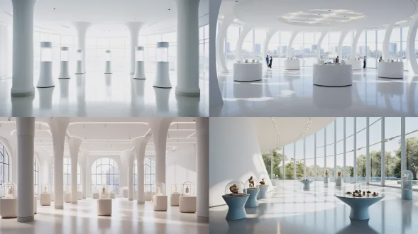 a spacious, modern exhibition hall bathed in abundant natural light pouring in through enormous windows. smooth matte white, cylindrical plaster pedestals are arranged in elegant s-shaped curves, guiding the eye through the space. each pedestal showcases three sizes of refined, minimalist neck models in varying heights, elegantly displaying exquisite, dazzling jewelry—such as intricately crafted diamond necklaces and lustrous pearl chokers. lush floral arrangements surround the display stands and cascade downward, featuring soft pink camellias, creamy peonies, white hydrangeas, and delicate baby’s breath, interwoven with lush green ferns. the interior design emphasizes a harmonious blend of natural beauty and contemporary luxury, creating a ethereal and romantic atmosphere. soft, diffused sunlight bathes the scene, casting gentle shadows that highlight the jewelry’s delicate details and the flowers’ vibrant colors. wide-angle lens, shallow depth of field, high resolution, cinematic quality, minimalist aesthetics.