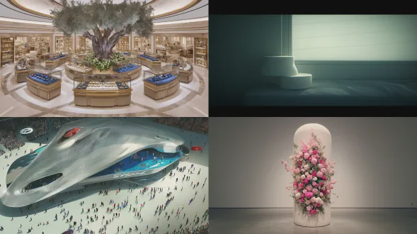 a spacious, modern exhibition hall bathed in abundant natural light pouring in through enormous windows. smooth matte white, cylindrical plaster pedestals are arranged in elegant s-shaped curves, guiding the eye through the space. each pedestal showcases three sizes of refined, minimalist neck models in varying heights, elegantly displaying exquisite, dazzling jewelry—such as intricately crafted diamond necklaces and lustrous pearl chokers. lush floral arrangements surround the display stands and cascade downward, featuring soft pink camellias, creamy peonies, white hydrangeas, and delicate baby’s breath, interwoven with lush green ferns. the interior design emphasizes a harmonious blend of natural beauty and contemporary luxury, creating a ethereal and romantic atmosphere. soft, diffused sunlight bathes the scene, casting gentle shadows that highlight the jewelry’s delicate details and the flowers’ vibrant colors. wide-angle lens, shallow depth of field, high resolution, cinematic quality, minimalist aesthetics.