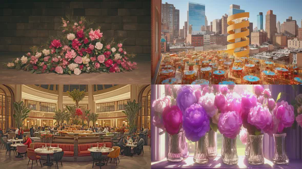 a spacious, modern exhibition hall bathed in abundant natural light pouring in through enormous windows. smooth matte white, cylindrical plaster pedestals are arranged in elegant s-shaped curves, guiding the eye through the space. each pedestal showcases three sizes of refined, minimalist neck models in varying heights, elegantly displaying exquisite, dazzling jewelry—such as intricately crafted diamond necklaces and lustrous pearl chokers. lush floral arrangements surround the display stands and cascade downward, featuring soft pink camellias, creamy peonies, white hydrangeas, and delicate baby’s breath, interwoven with lush green ferns. the interior design emphasizes a harmonious blend of natural beauty and contemporary luxury, creating a ethereal and romantic atmosphere. soft, diffused sunlight bathes the scene, casting gentle shadows that highlight the jewelry’s delicate details and the flowers’ vibrant colors. wide-angle lens, shallow depth of field, high resolution, cinematic quality, minimalist aesthetics.