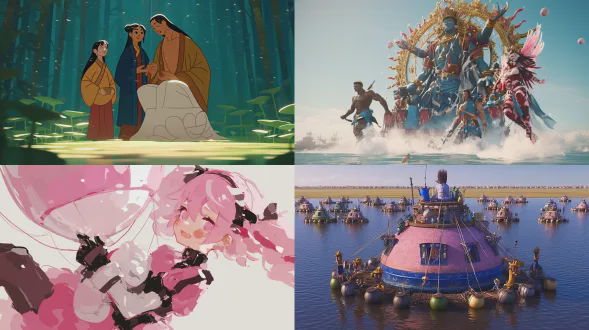 3d立体c4d渲染画面，四个q版比例的菩萨形象（文殊、普贤、观音、地藏）围坐在巨大的半透明粉色荷花座上。文殊菩萨身旁跟着圆滚滚的q版青狮，普贤菩萨靠着憨态可掬的小白象，观音菩萨手持翠绿的玉净瓶，地藏菩萨手托一颗散发暖黄色微光的明珠。角色皮肤呈现细腻的磨砂树脂质感，服饰为柔和的丝绸纹理。背景是清澈的浅绿色池塘，水面上漂浮着巨大的薄荷绿荷叶和彩虹色的透明泡泡。阳光从斜上方45度角洒下，形成柔和的边缘高光，整体色调为治愈系的马卡龙粉、淡紫和奶白色。镜头采用中远景俯视，画面纯净无尘，光影通透，细节呈现极致的8k渲染品质。3比4