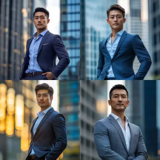亚洲帅哥霸道总裁休闲西装，身材笔挺高大，完美比例体型，英俊迷人，都市大厦环境，平视长焦，暖光，优雅动作，淡定从容，蓝白冷色。