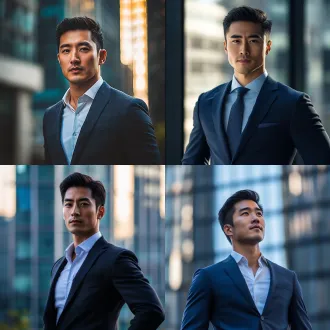 亚洲帅哥，霸道总裁，西装革履，身材完美比例，都市大厦环境，暖光，优雅动作，淡定从容，蓝白冷色。浅景深，低调奢华，自信冷酷，光影层次，柔和过渡，高级质感，商务精英。