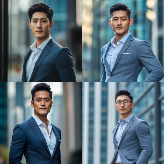 亚洲帅哥霸道总裁休闲西装，身材笔挺高大，完美比例体型，英俊迷人，都市大厦环境，平视长焦，暖光，优雅动作，淡定从容，蓝白冷色。