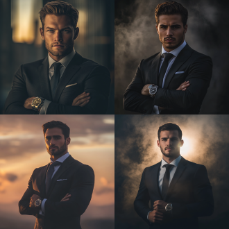 年轻帅哥，西装革履，精致领带，手带劳力士手表，身形挺拔，居中构图，奇幻风，云雾境，长焦，逆光，悬浮，神秘，冷调，32k，细节准 超广角 电影风格 都市 商务 霸道总裁
