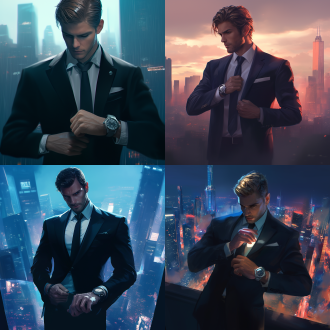 年轻帅哥，西装革履，精致领带，手带劳力士手表，身形挺拔，居中构图，奇幻风，云雾境，长焦，逆光，悬浮，神秘，冷调，32k，细节准 超广角 电影风格 都市 商务 霸道总裁