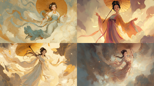 古典美人双手持伞腾空而起，金色光环绕身，全身肖像，中式插画风格，奇幻写实，中国传统艺术风格，清晰角色，高清画质，广角镜头，柔和逆光，丝绸长裙飘逸，细致发髻，优雅微笑，浅粉与金色主调，梦幻氛围，动态轻盈，云层背景，细腻笔触，工笔画质感，仙气缭绕
