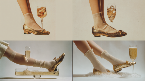 advertisement of a fashion magazine in the style of the 60s, in which in the center of the frame are depicted the inverted legs of a girl sticking out from the bottom to the top of the frame, only the foot and shin are visible, dressed in stylish classic beige socks, wearing a ballet flat in the style of chanel in gold color with a toe made of black varnish, on the foot stands a bakal in the form of a tumbler, sparkling wine is poured, in the glass sits a micro girl as if floating in a bathtub with champagne foam, on a white background, soft light, moderate graininess, illustration of a cover of a fashion magazine in the style of vogue by mert alas and marcus piggott