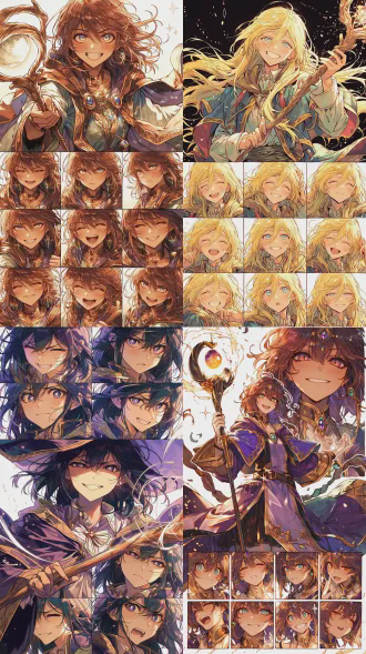 女魔法师动漫立绘，透明背景，九宫格表情差分，主图为自信施法姿态，手持发光法杖，身着华丽长袍，动态飘逸发丝，每个格子展示不同情感，细腻面部特写，赛璐璐风格，高精度细节，鲜艳色彩，柔光，魔法粒子特效，喜悦惊讶等丰富表情。