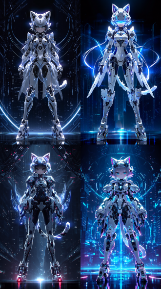 全身猫耳娘美女正面站立，穿机甲紧身衣，未来感都市背景，赛博朋克风格，对称构图，中心视角，科幻机甲紧身战衣，金属光泽，猫耳灵动，冷静坚毅表情，霓虹灯光，冷色调为主，戏剧性顶光，全身照，高细节渲染，电影感，3d渲染，c4d，未来战士，酷炫而强大。