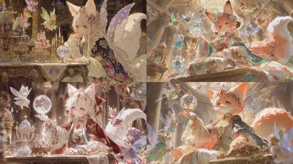 参考表主题的狐族美女，坐在古堡大厅中，毛茸茸的狐耳与尾巴，身着华丽汉服，眼神智慧深邃，手持悬浮的水晶球，五颜六色的小精灵美女拍打翅膀围绕在身边，柔焦镜头，浅景深，古典雅致，暖色调