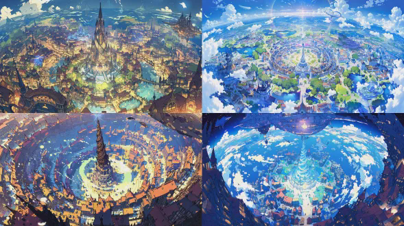 动漫异世界俯视全景，中世纪奇幻小镇中心耸立巨大魔法图书馆，螺旋尖顶发光，鹅卵石街道蜿蜒，蒸汽朋克风格飞船掠过，鸟瞰镜头，广角视野，超现实主义插画风格，绚烂光晕，动态模糊，奇幻明亮色调，生机勃勃与敬畏感。